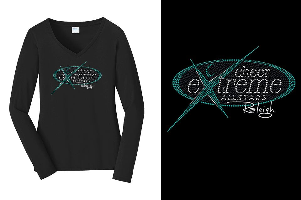 Rhinestones Cheer Extreme Raleigh Women's Relaxed Fit Long Sleeve V-Neck