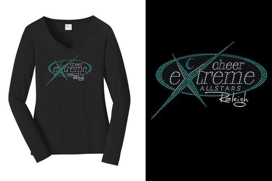 Rhinestones Cheer Extreme Raleigh Women's Relaxed Fit Long Sleeve V-Neck